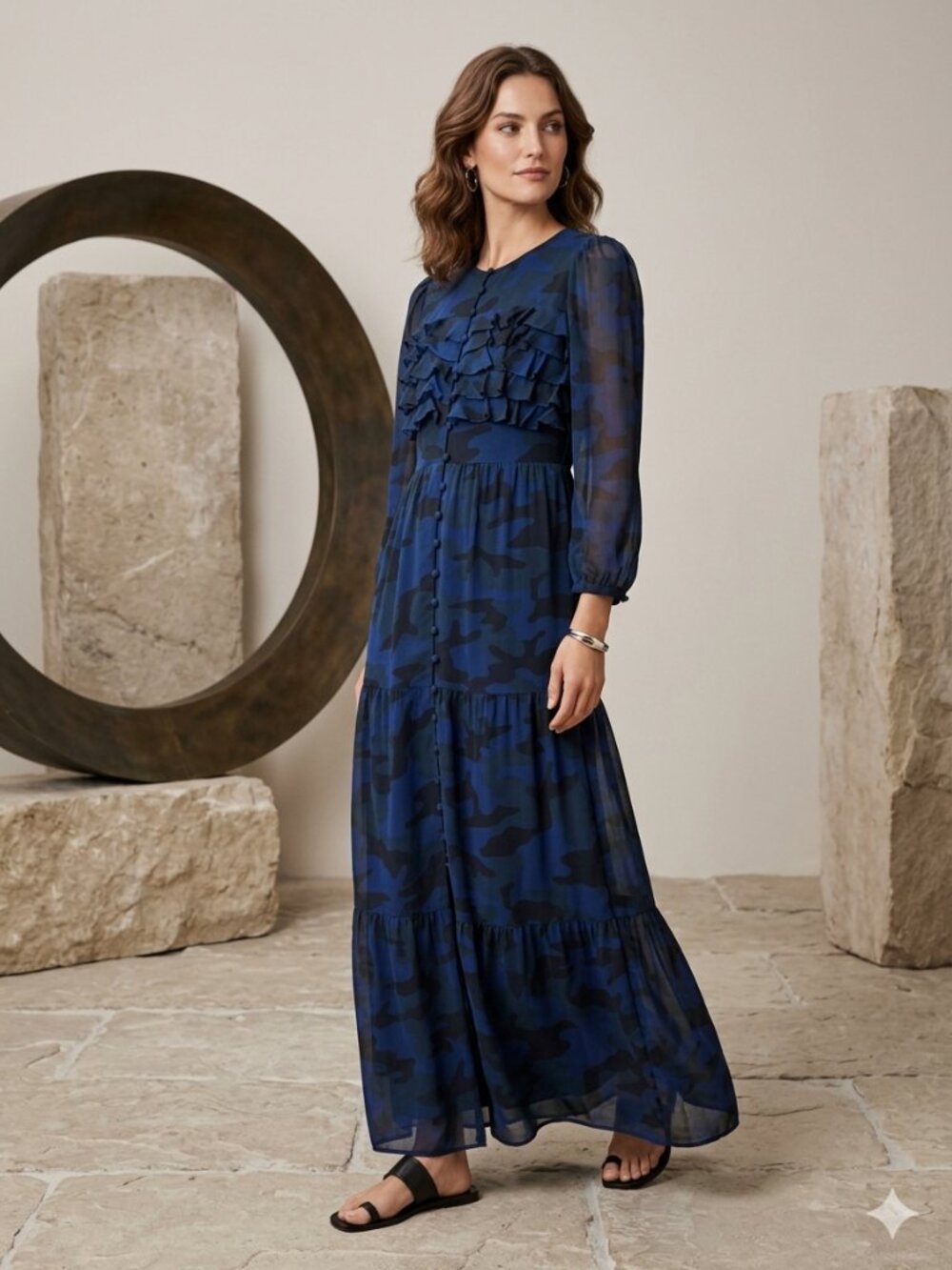 Banana Republic Blue Camouflage Ruffle Tiered Maxi Dress - 2 Petite
